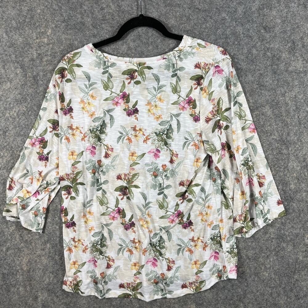 CJ Banks Boho Peasant Top Tunic Sz LG Floral Print Pom Poms 3/4 Sleeves - Picture 5 of 8